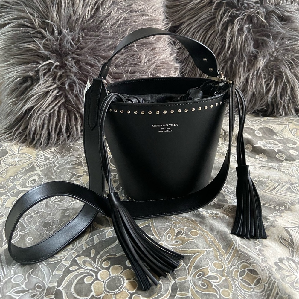Christian Villa Bucket Black Leather Studded Bag/ Made in Italy